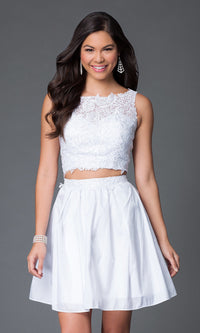 White Short Two-Piece Party Dress with Lace Bodice