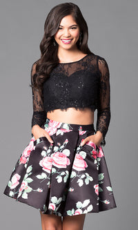 Floral Short Two-Piece Semi-Formal Dress with Print Skirt