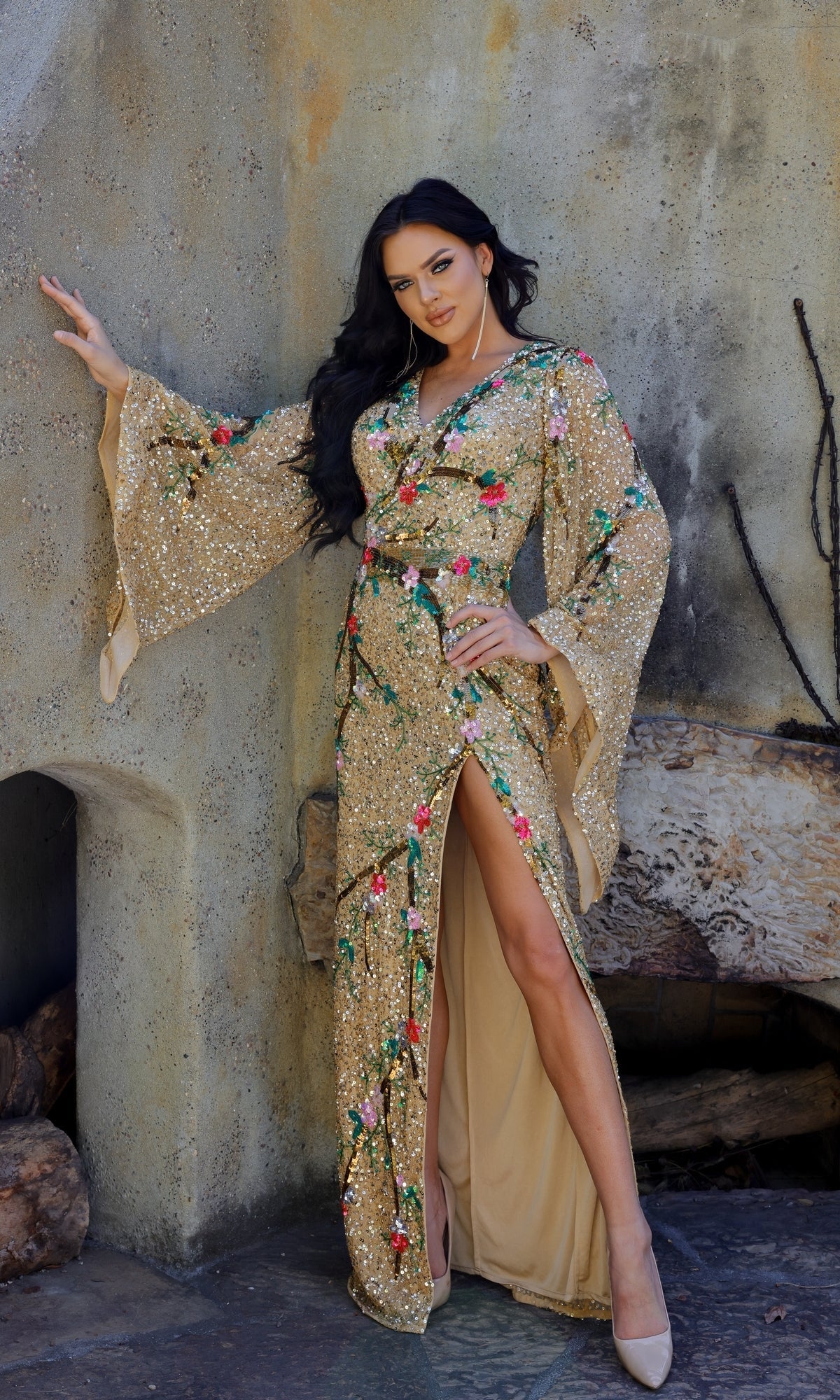 Gold Multi Multi-Color Sequin Long Gown with Dramatic Sleeves