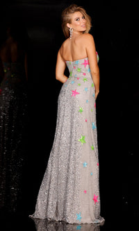  Long Strapless Silver Sequin Gown with Neon Stars
