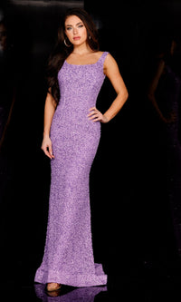 Candy Purple Square-Neck Long Sequin Formal Dress 657