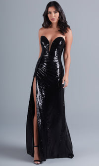 Black Strapless Deep V-Neck Long Sequin Prom Dress