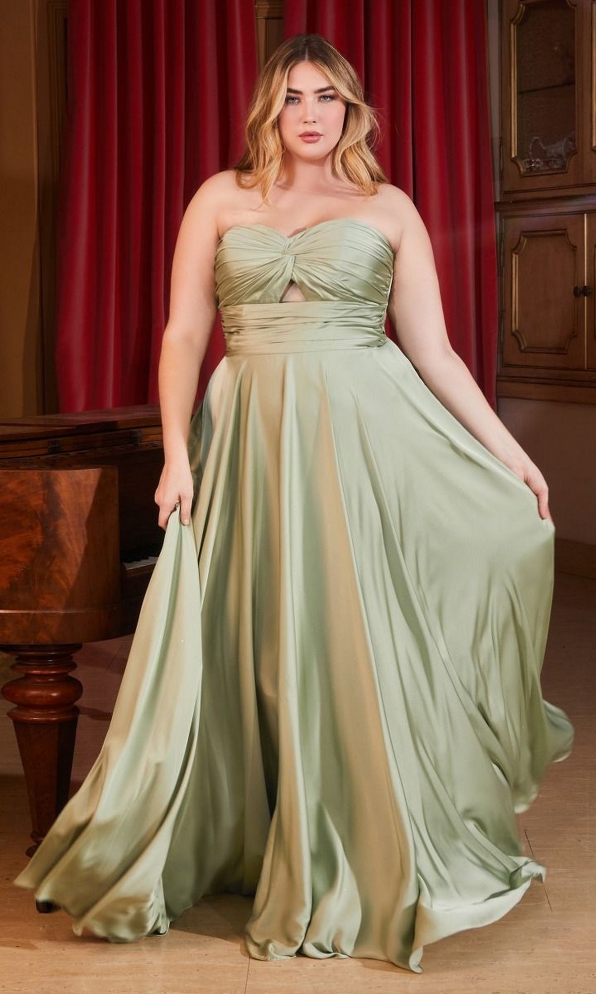 plus size satin dress maxi Red, Dusty Blue, Navy | Plus Size Satin Gown with Draped Bodice, Lace Straps & High Slit CDCDS496C