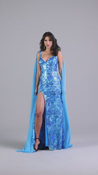 Long Sequin Formal Dress with Shoulder Capes
