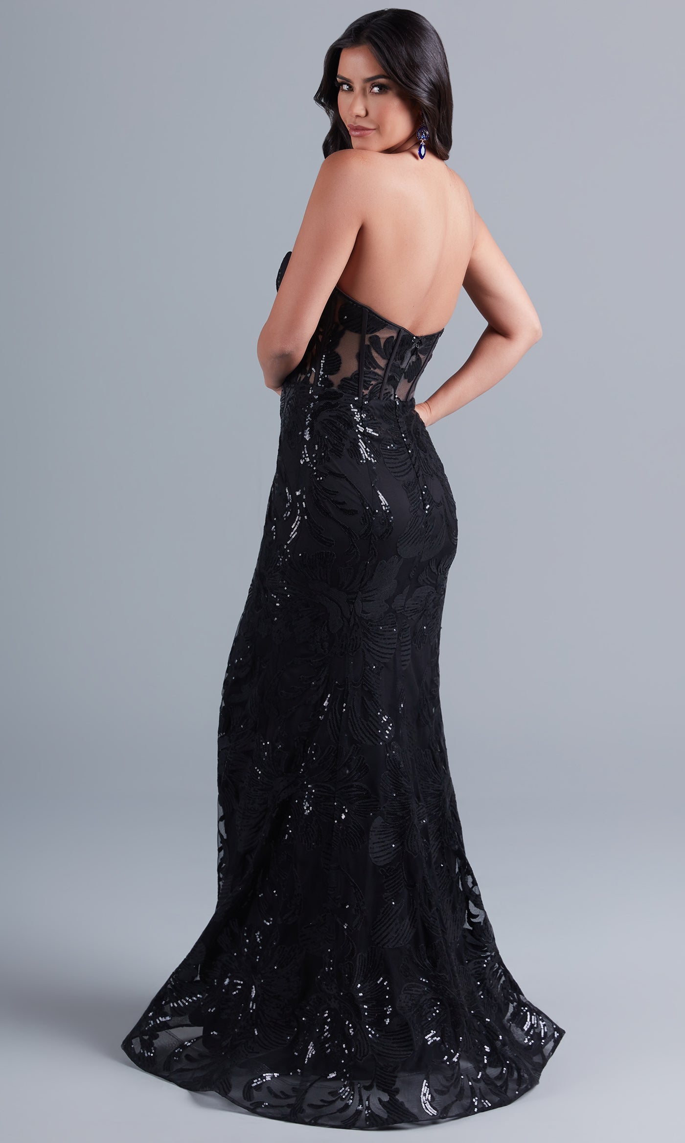  Strapless Long Black Sequin Formal Prom Dress