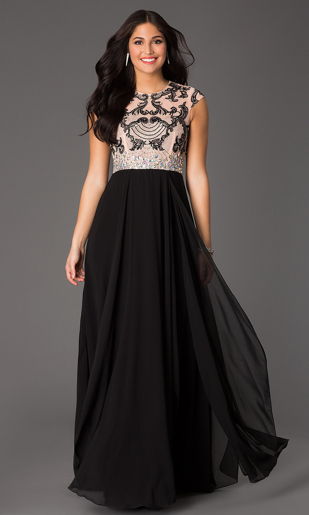 Black Long Prom Gown with Cap-Sleeve Beaded Bodice