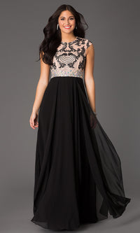 Black Long Prom Gown with Cap-Sleeve Beaded Bodice