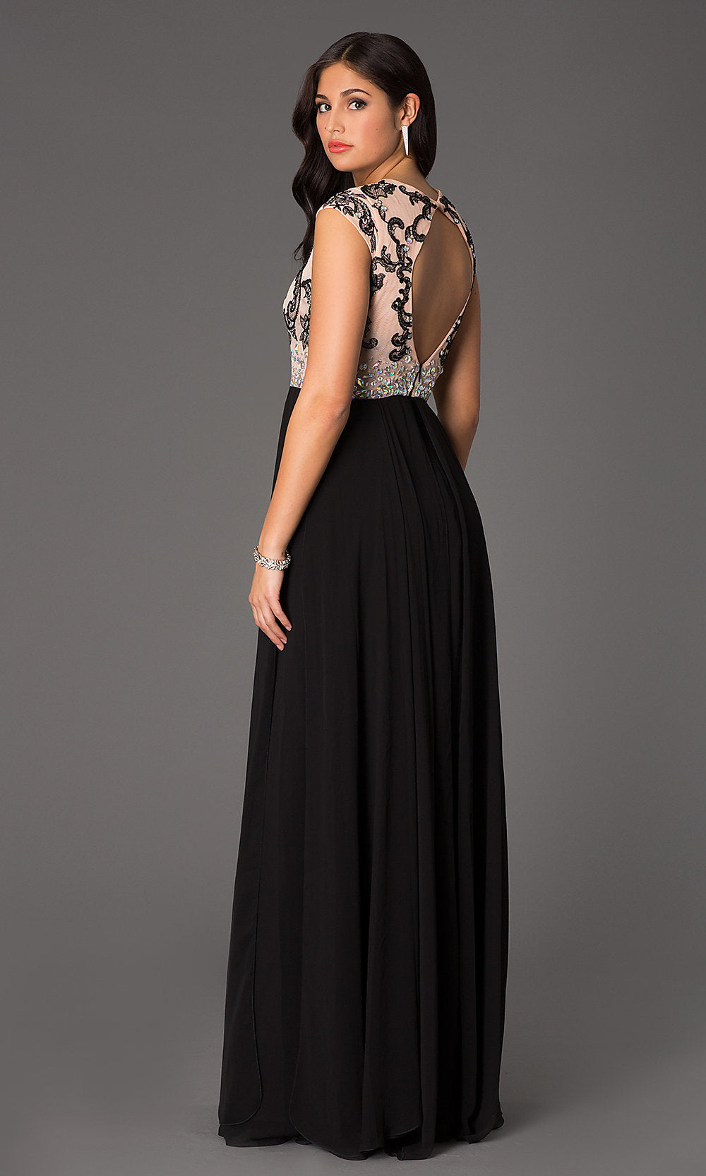  Long Prom Gown with Cap-Sleeve Beaded Bodice