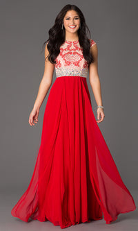 Red Long Prom Gown with Cap-Sleeve Beaded Bodice