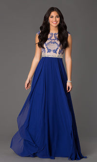 Royal Blue Long Prom Gown with Cap-Sleeve Beaded Bodice