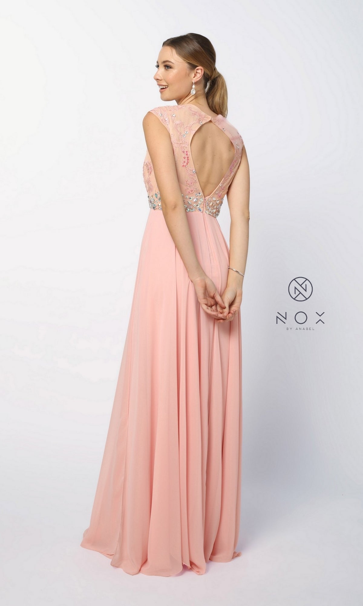  Long Prom Gown with Cap-Sleeve Beaded Bodice