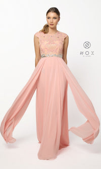Blush Long Prom Gown with Cap-Sleeve Beaded Bodice