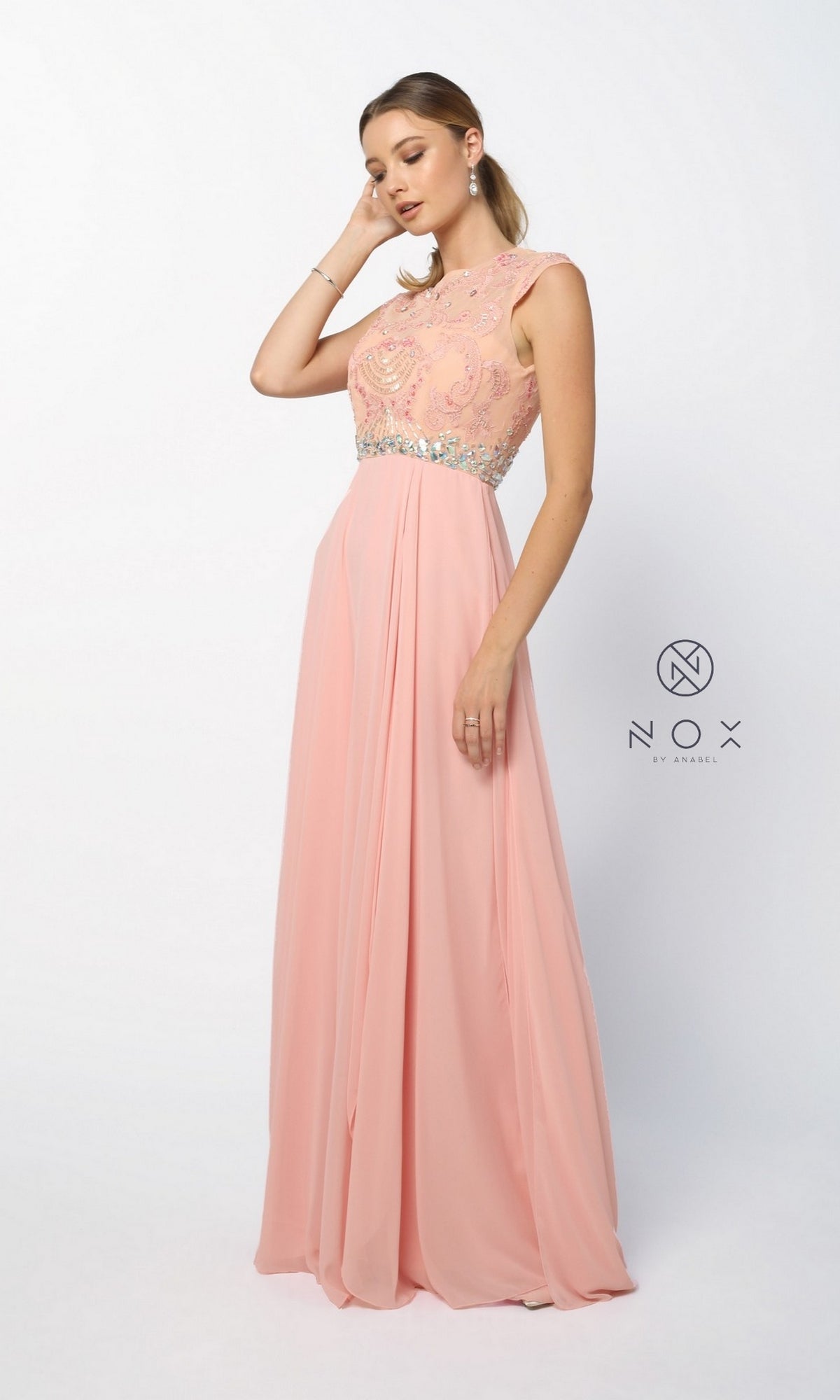  Long Prom Gown with Cap-Sleeve Beaded Bodice