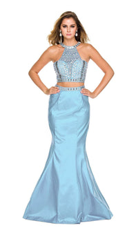 Aqua Blue Beaded Mermaid Prom Dress With High Neck