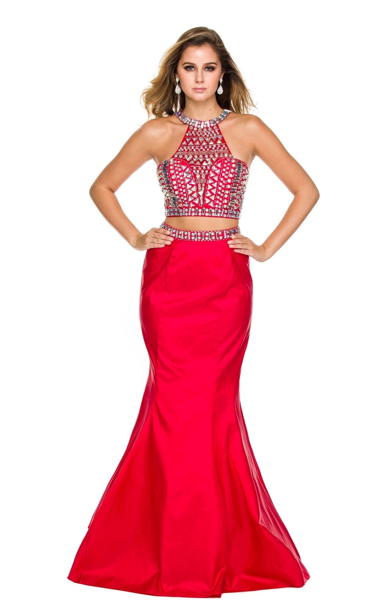 Red Beaded Mermaid Prom Dress With High Neck