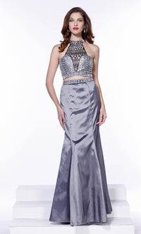 Silver Beaded Mermaid Prom Dress With High Neck