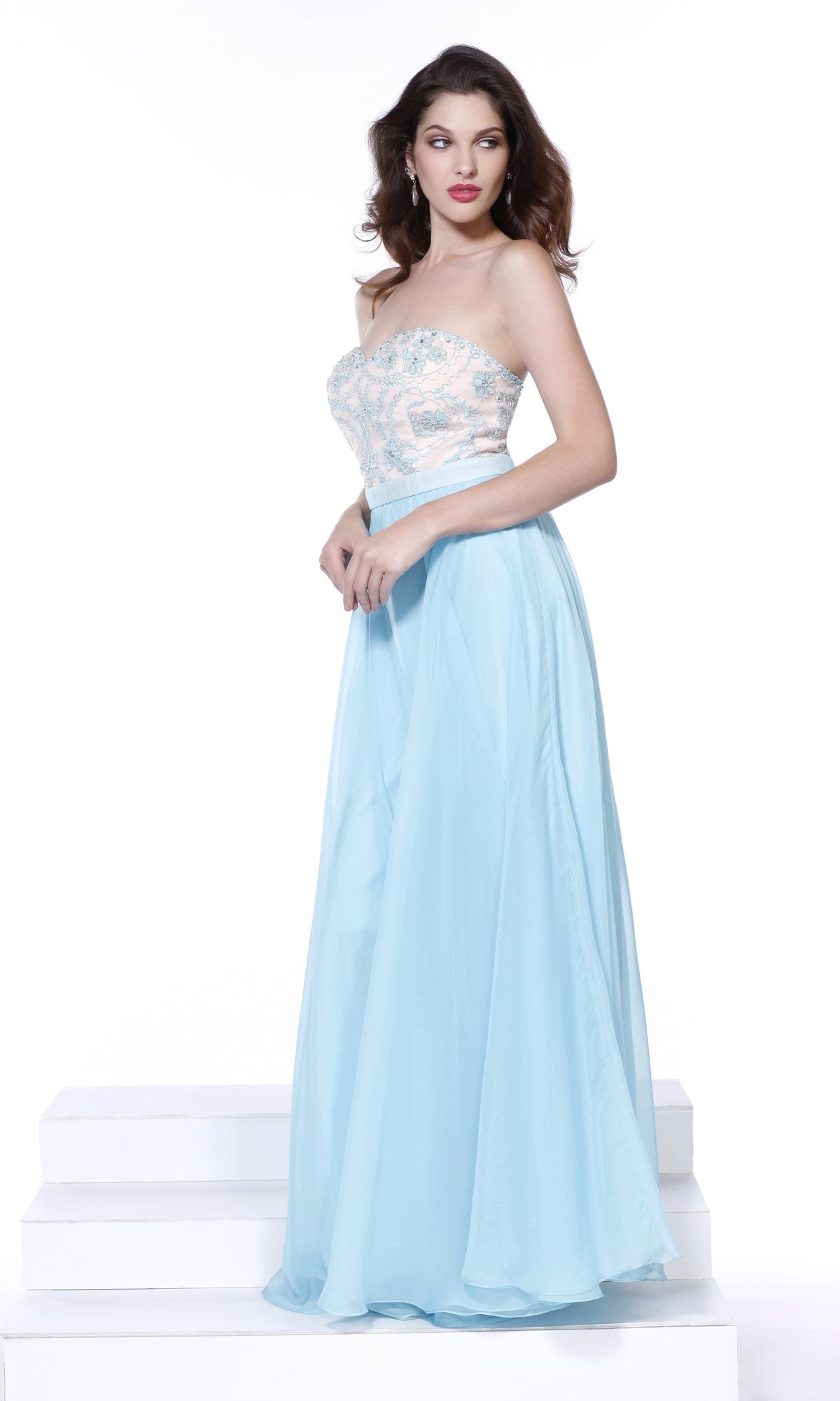 Aqua/Nude Lace-Up Strapless Sweetheart Long Prom Gown