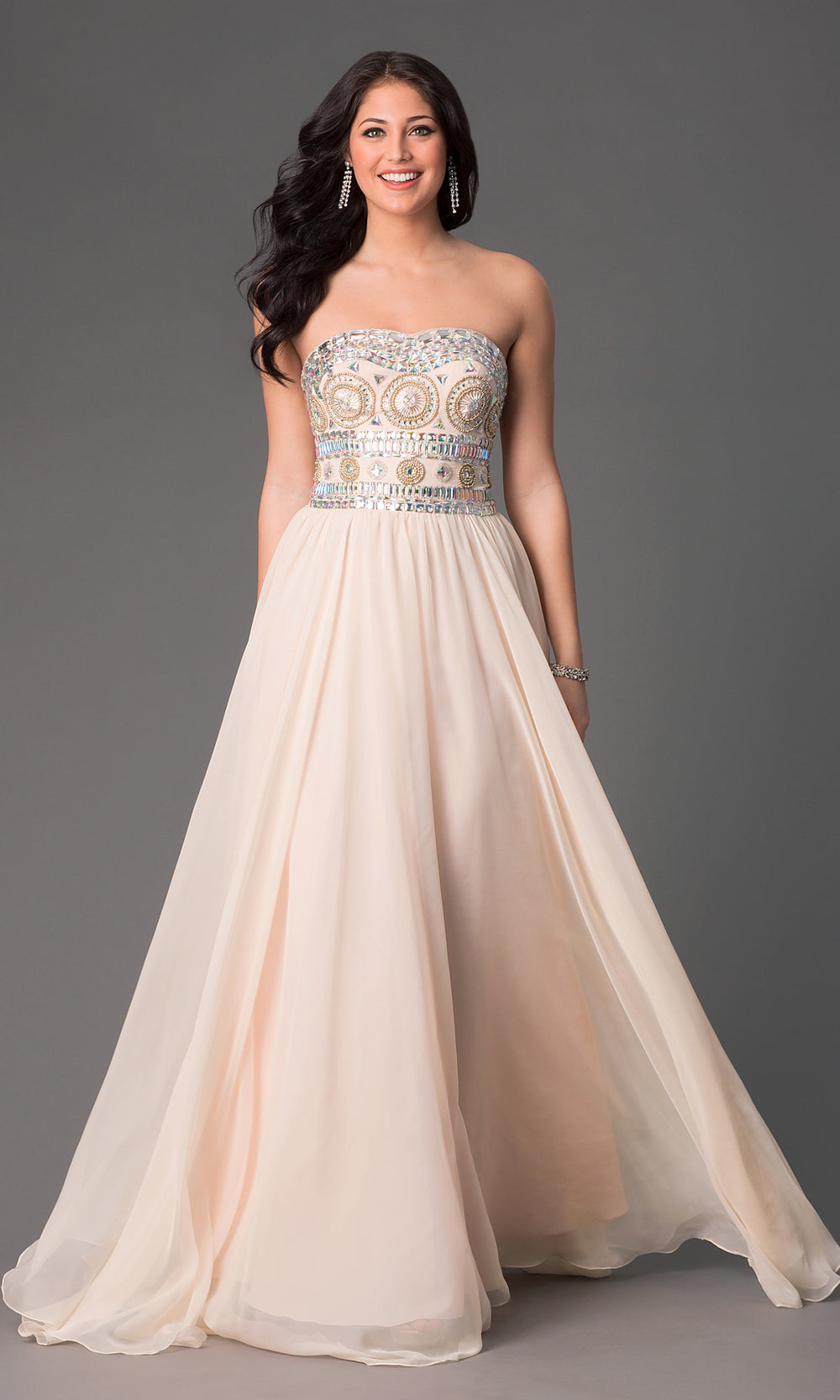 Nude Strapless Long Prom Dress With Beaded Bodice