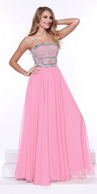 Baby Pink Strapless Long Prom Dress With Beaded Bodice