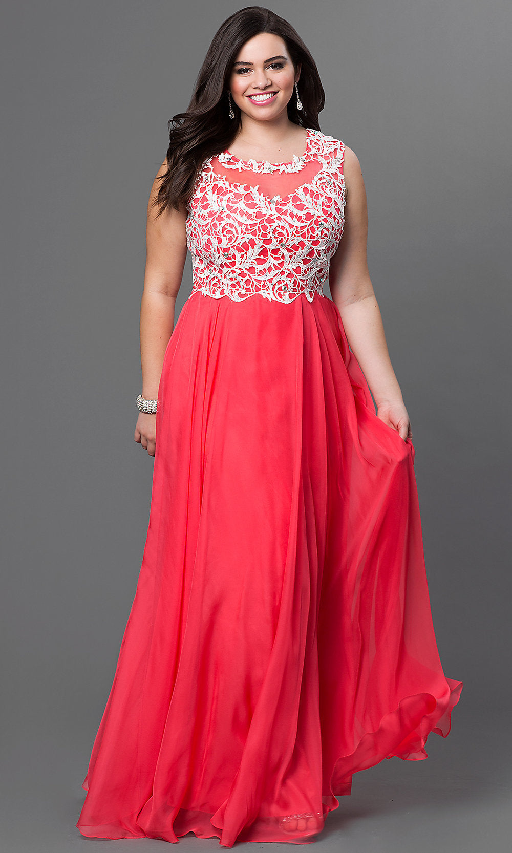 Watermelon Lace-Illusion Sleeveless Bodice Long Prom Dress