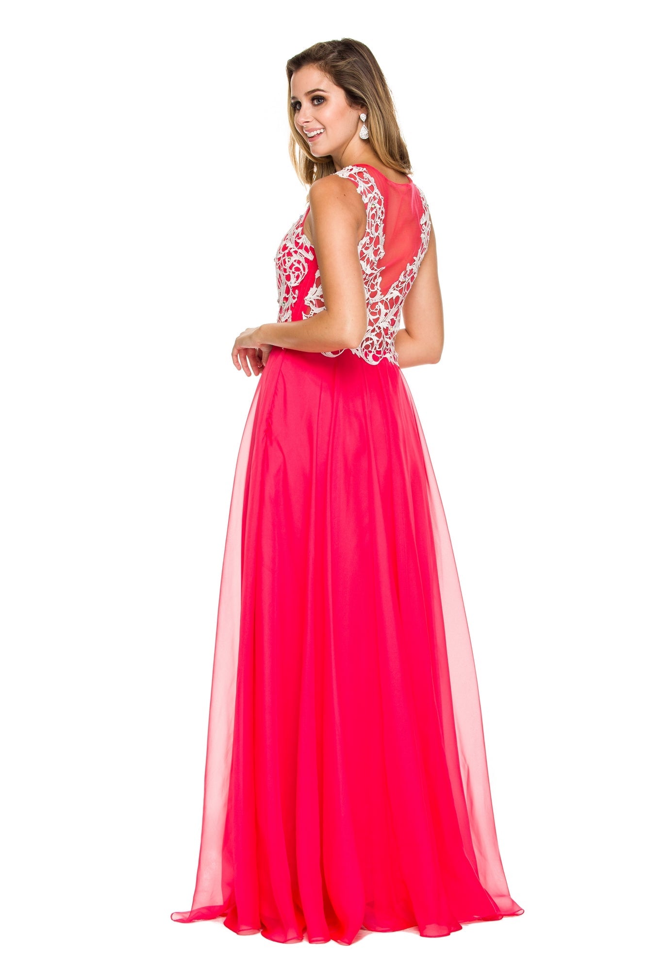  Lace-Illusion Sleeveless Bodice Long Prom Dress