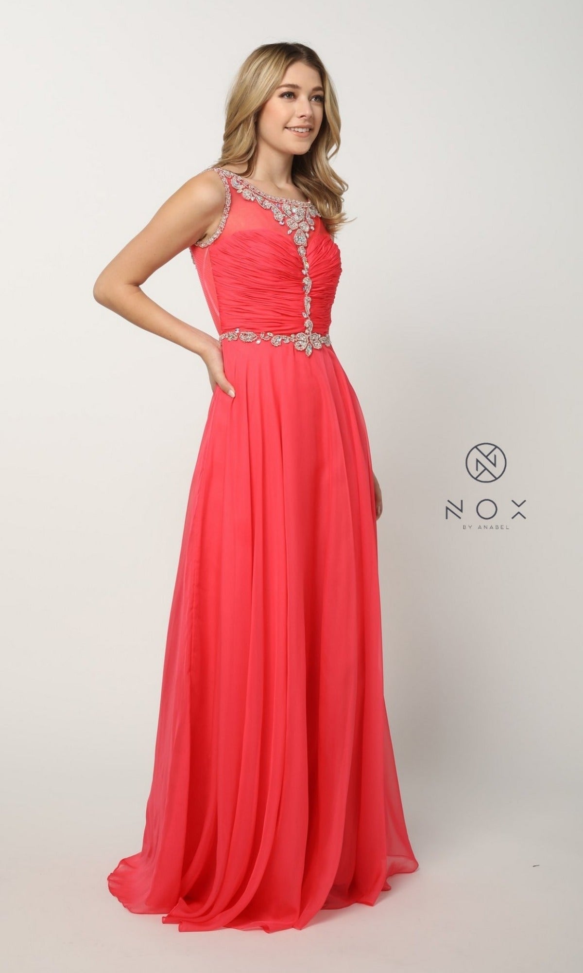 Watermelon Long Jeweled-Illusion Bodice Prom Dress