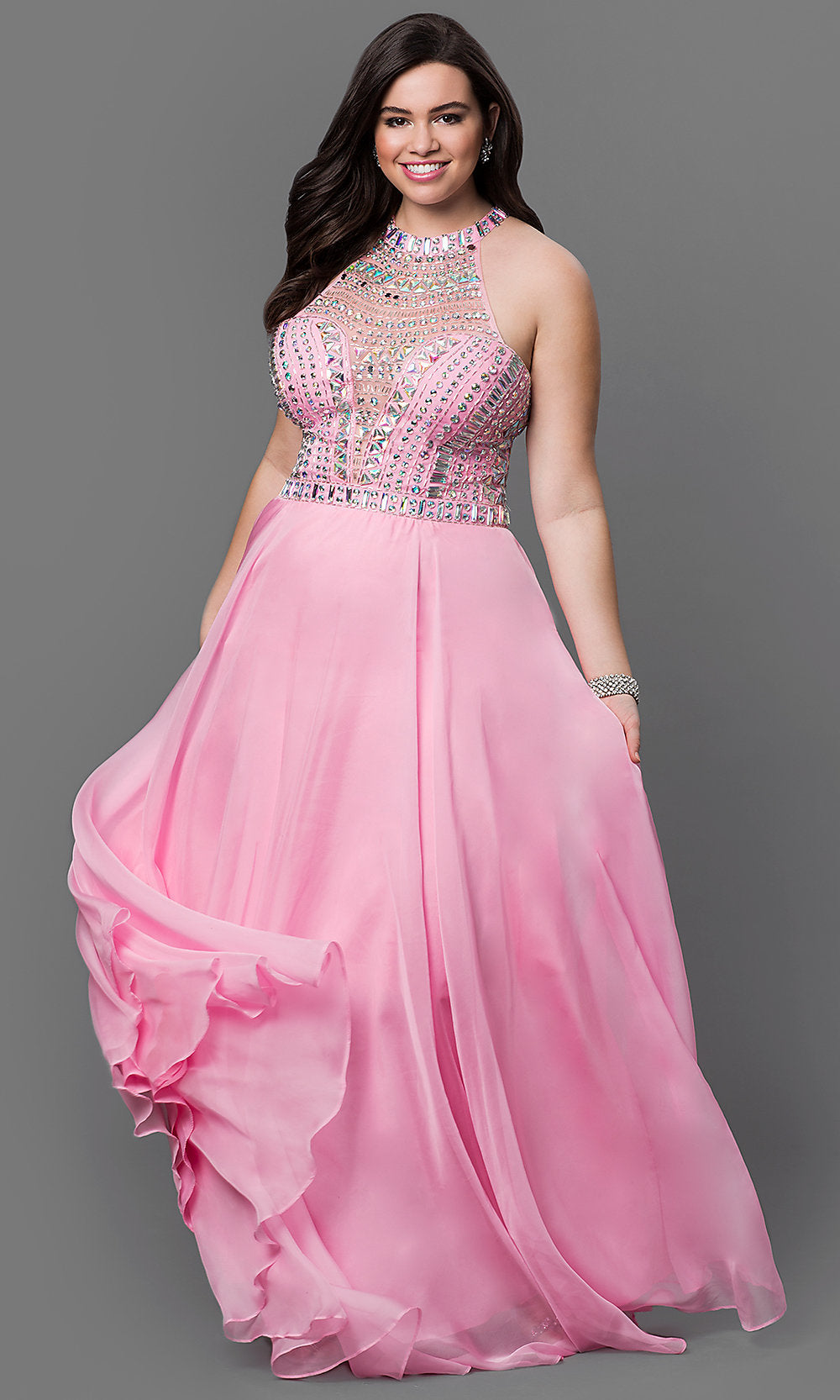 Baby Pink Beaded High-Neck Long A-Line Prom Dress