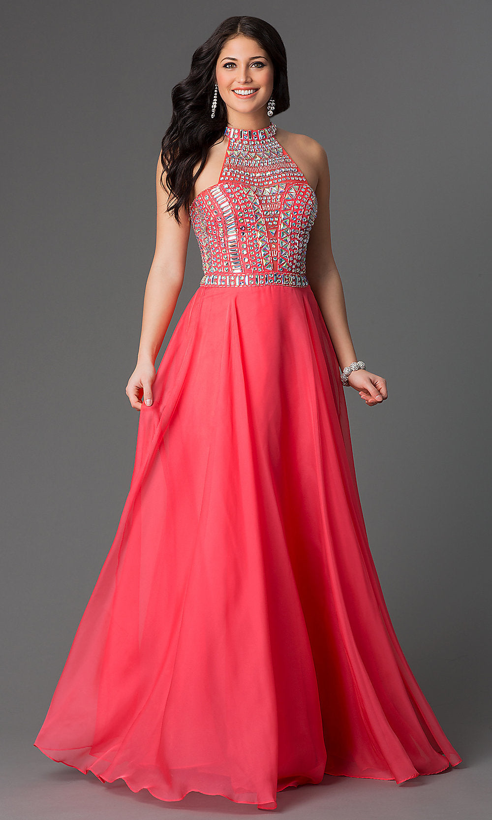 Watermelon Beaded High-Neck Long A-Line Prom Dress