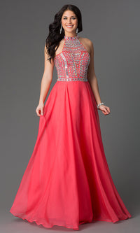 Watermelon Beaded High-Neck Long A-Line Prom Dress