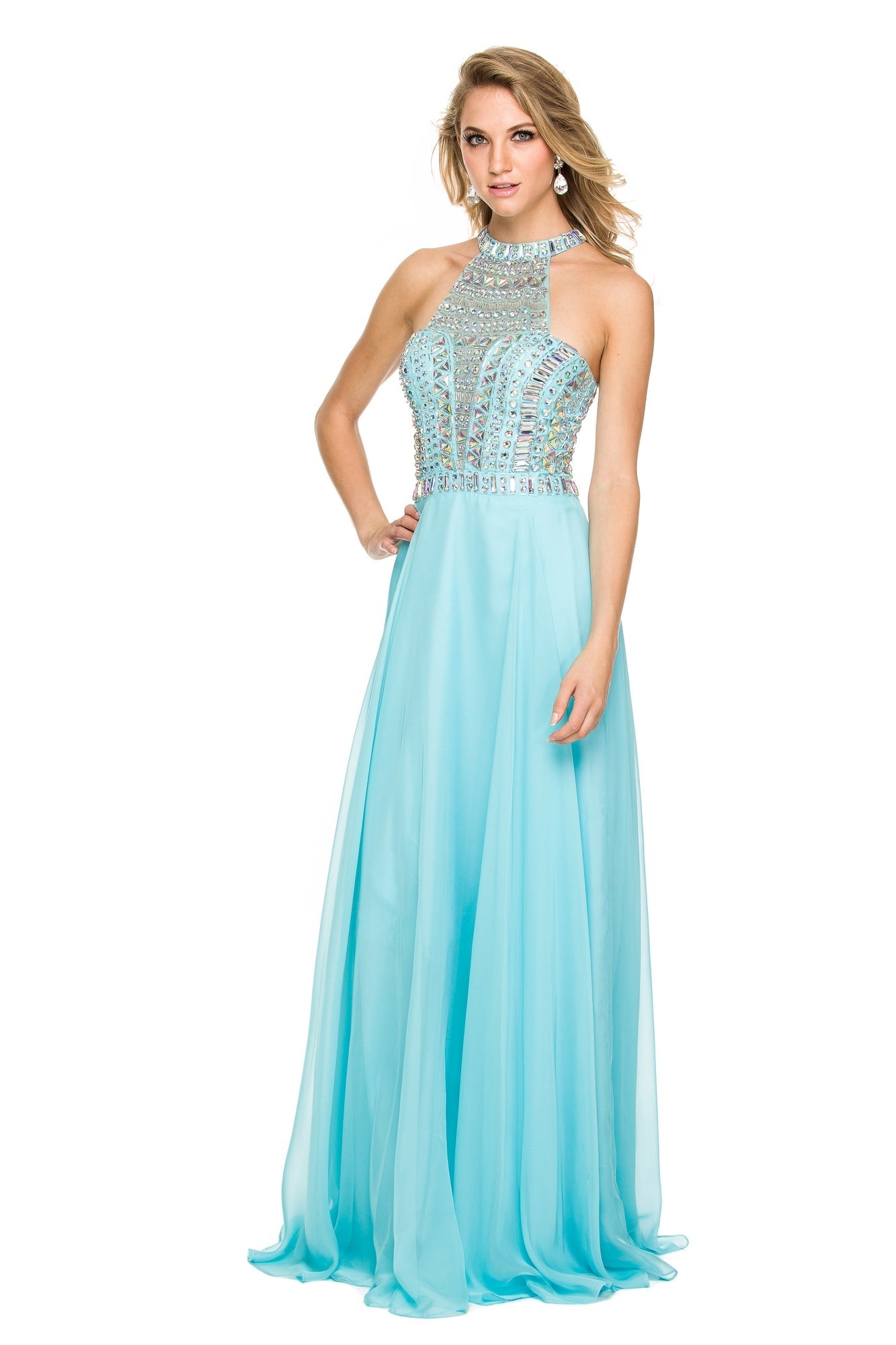 Aqua Blue Beaded High-Neck Long A-Line Prom Dress