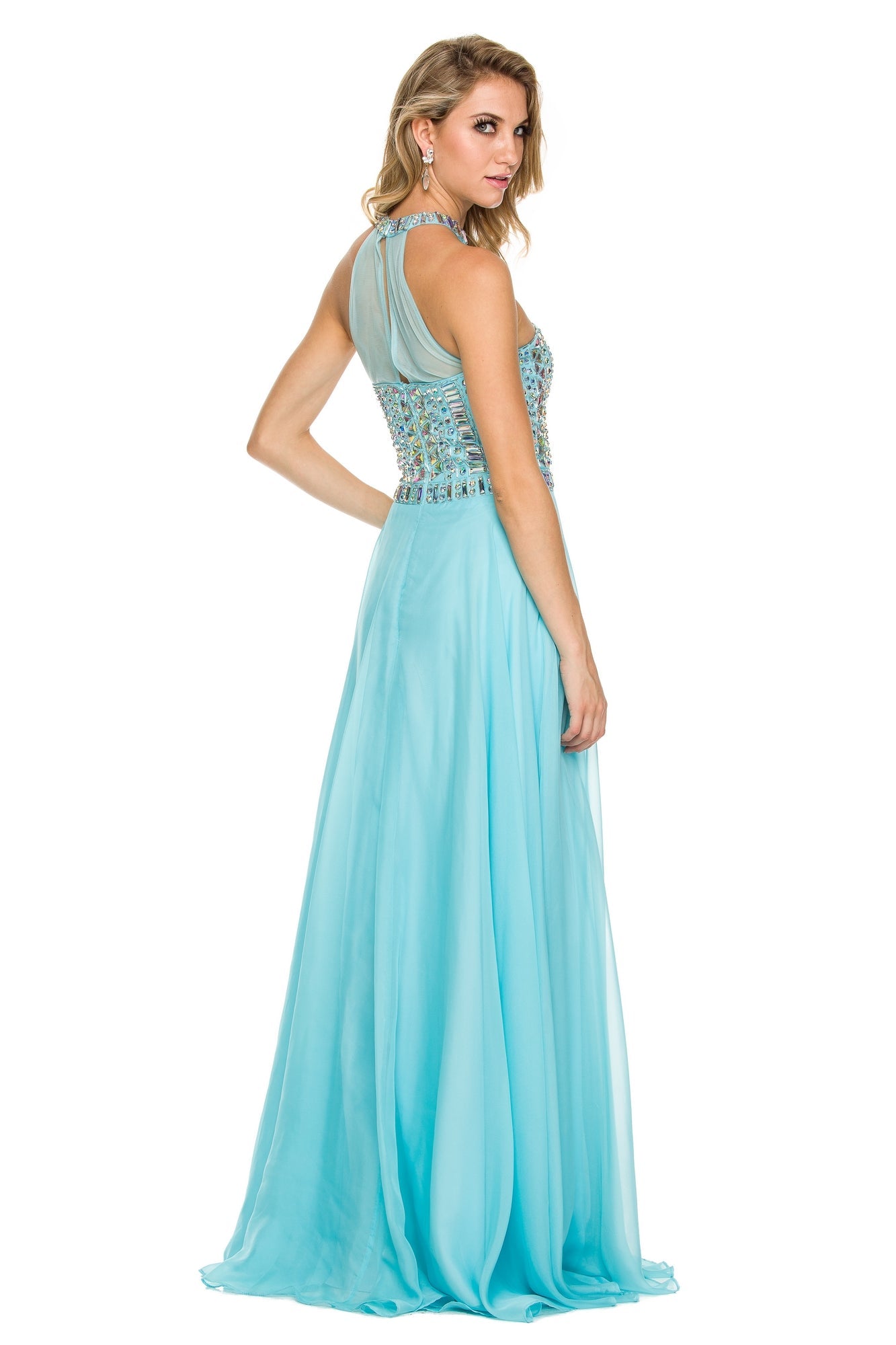  Beaded High-Neck Long A-Line Prom Dress