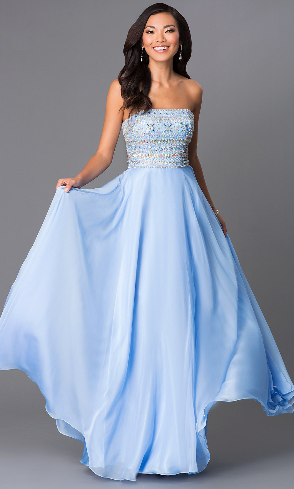 Periwinkle Beaded Strapless Bodice Long A-Line Prom Gown