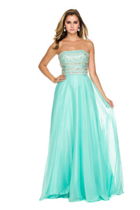 Mint Green Beaded Strapless Bodice Long A-Line Prom Gown