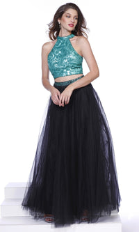 Black/Green High Neck Two Piece Prom Dress