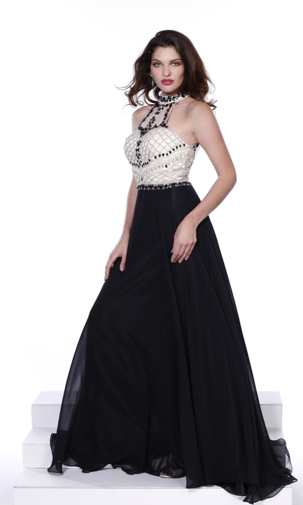 Black Open Back High Neck Sleeveless Prom Dress with Jewel Embellished Bodice