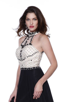  Open Back High Neck Sleeveless Prom Dress with Jewel Embellished Bodice