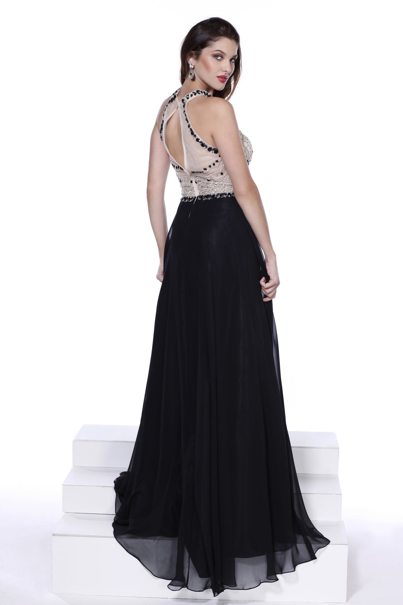  Open Back High Neck Sleeveless Prom Dress with Jewel Embellished Bodice