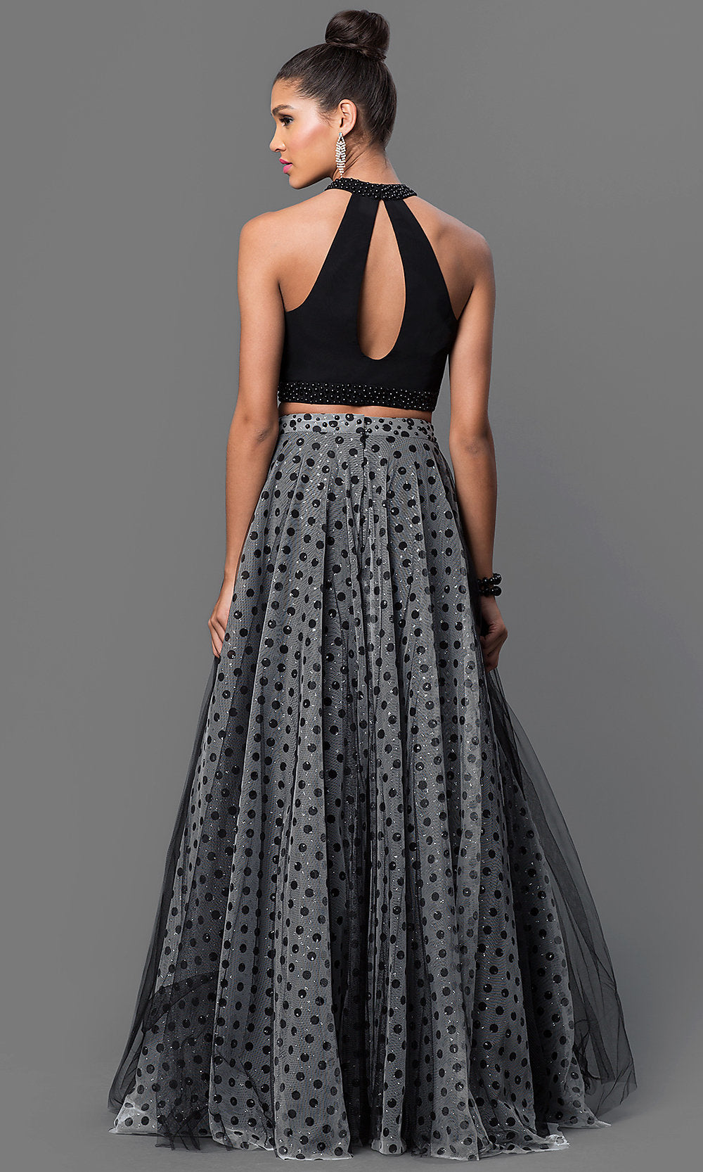  Two-Piece Black Polka Dot Long Formal Dress