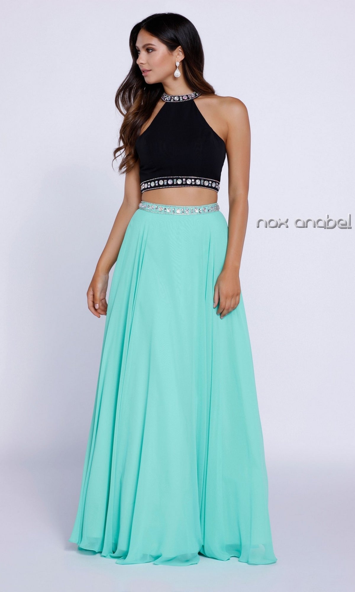 Mint/Black Long Two-Piece Formal Gown with Jewel Accents