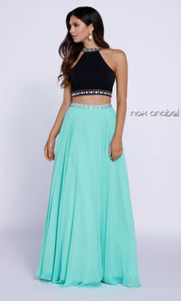Mint/Black Long Two-Piece Formal Gown with Jewel Accents