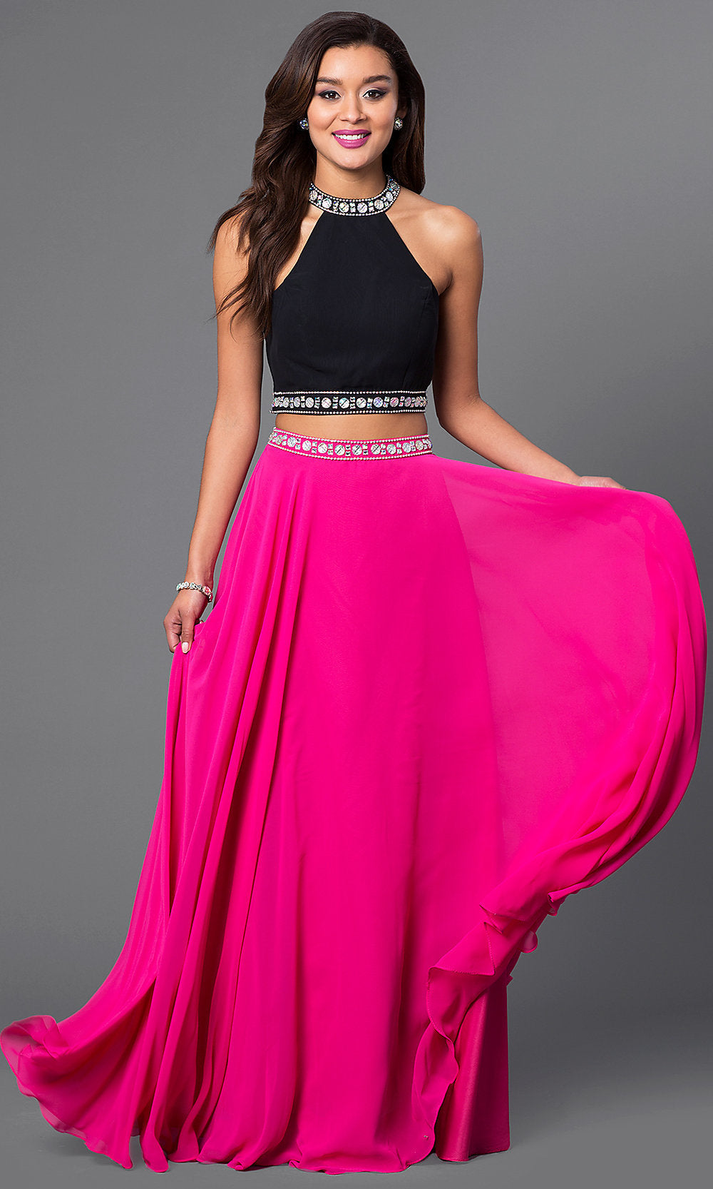 Fuchsia/Black Long Two-Piece Formal Gown with Jewel Accents