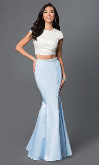 Light Blue/Ivory Mermaid Satin Two-Piece Pearl Formal Gown