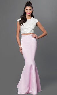 Pink/Ivory Mermaid Satin Two-Piece Pearl Formal Gown