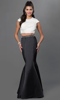 Black/Ivory Mermaid Satin Two-Piece Pearl Formal Gown