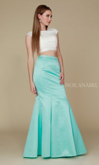 Mint/Ivory Mermaid Satin Two-Piece Pearl Formal Gown