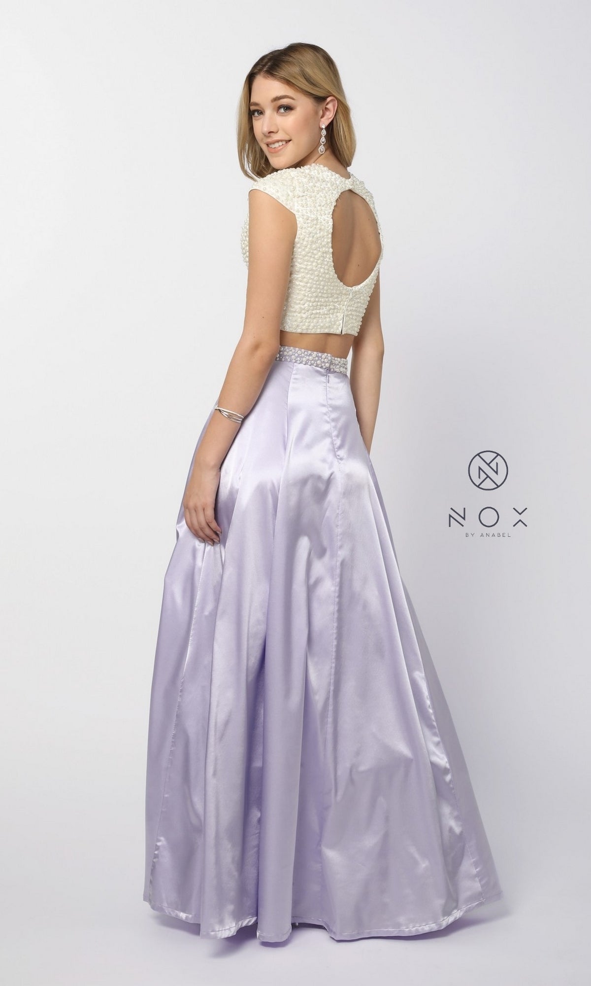  Cap-Sleeve Pearl Satin Long Formal Two-Piece Dress