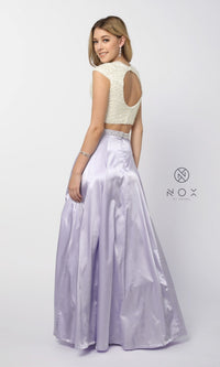  Cap-Sleeve Pearl Satin Long Formal Two-Piece Dress