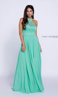 Mint Green Long Formal Evening Gown With Lace Halter Top