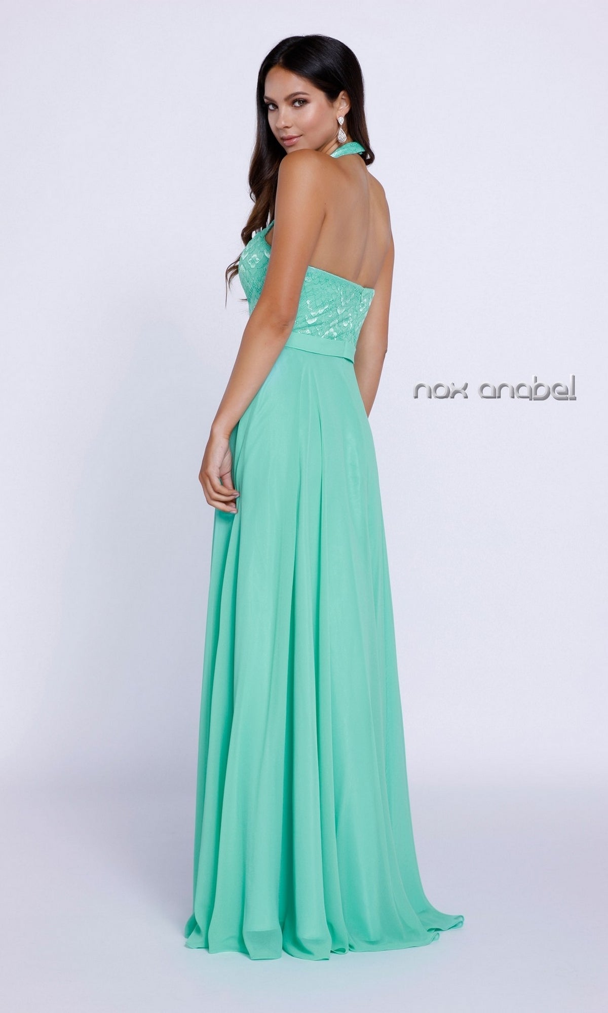  Long Formal Evening Gown With Lace Halter Top