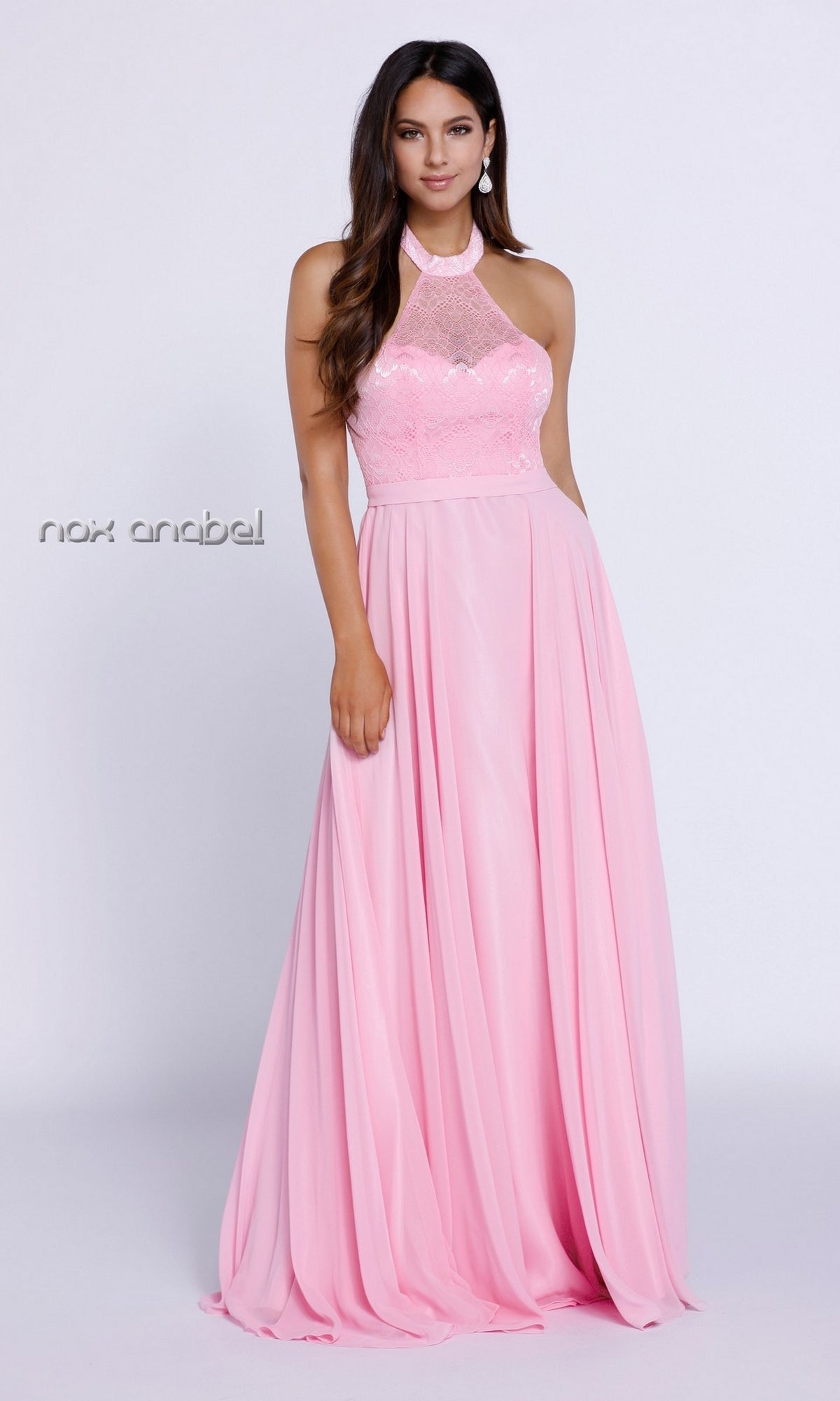 Baby Pink Long Formal Evening Gown With Lace Halter Top